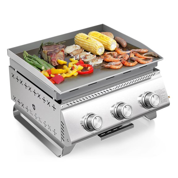 WAA 24 Inch Portable Tabletop Griddle with Grill Grate - 3-Burner 24000 BTU Stainless Steel Propane Gas Grill for Outdoor Use