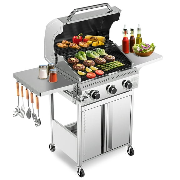 WAA 3-Burner Propane Gas Grill,24000BTU Stainless Steel BBQ with Foldable Side Tables & Durable Grates - Ideal for Outdoor Backyard/Patio Cooking