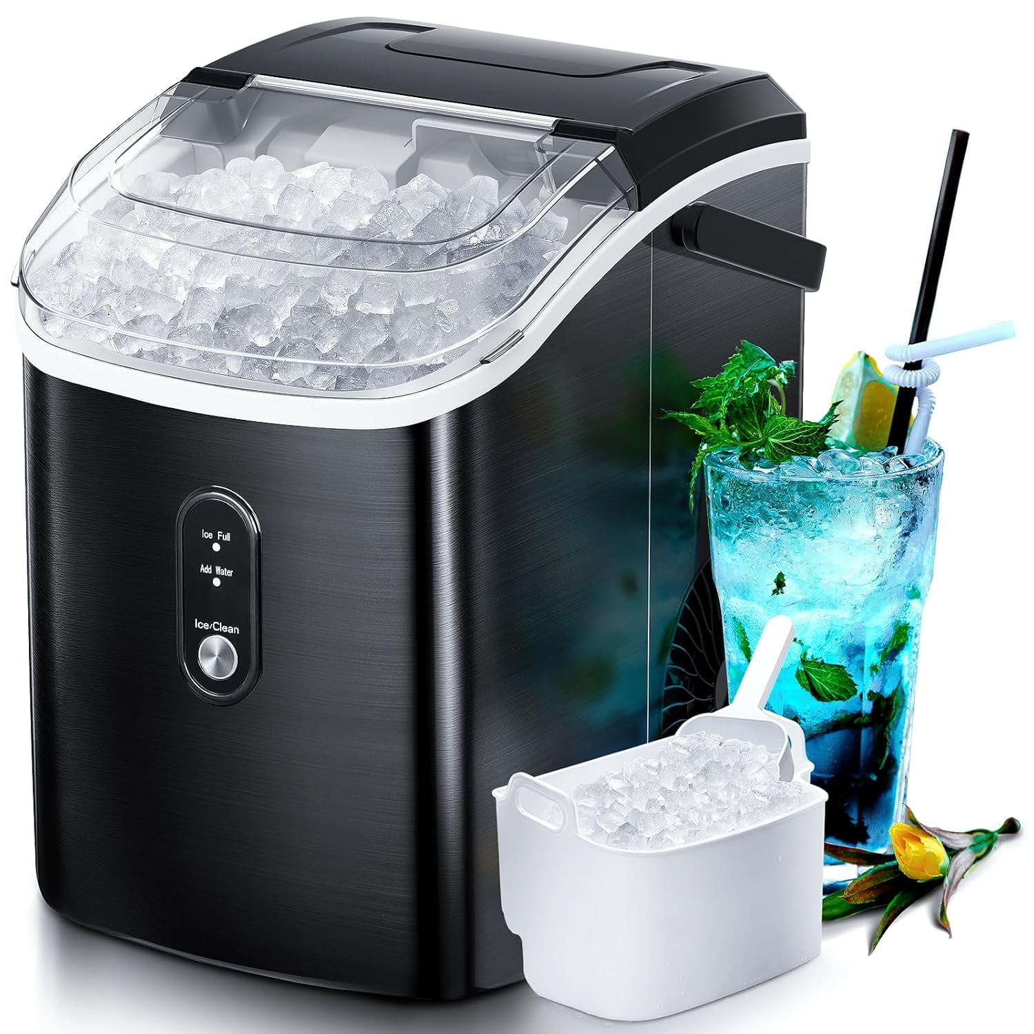 WAA 35Lbs/24H Nugget Ice Maker Countertop Pebble Soft Ice,Self-Cleaning Ice Scoop Black