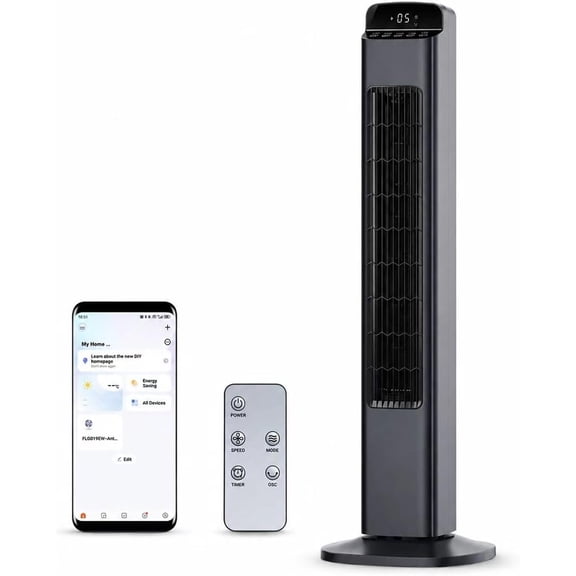 WAA 36"Grey WiFi Smart Tower Fan,6.7m/s Max Speed 80°Oscillation,Touch LED Display with 5-Speed 3-Mode,Low Noise Standing Fan for Bedroom,Living Room & Home Office