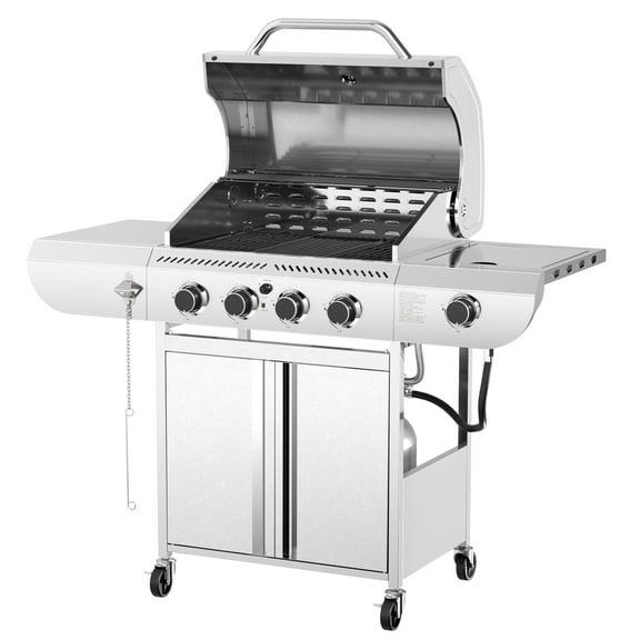 WAA 4-Burner BBQ Propane Gas Grill,42000 BTU Stainless Steel Barbecue Propane Grill with Side Burner,Removable Grease Pan and Cup,Ideal for Outdoor Cooking(Stainless Steel)