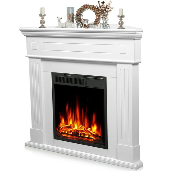 WAA 44" Corner Electric Fireplace with Mantel Package Freestanding Fireplace Heater Corner Firebox with Log & Remote Control,750-1500W,White