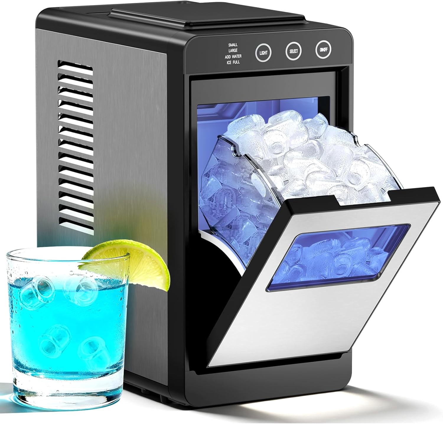WAA Countertop Bullet Ice Maker 26Lbs/24H 8 Cubes/6 Mins,2 Sizes,Auto-Clean (0.8L Tank & Interior Light)