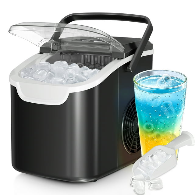 WAA Countertop Ice Maker with LED Display & Timer,26lbs/24H,Self-Cleaning,Portable Handle,Compact for Home/Kitchen(Black)