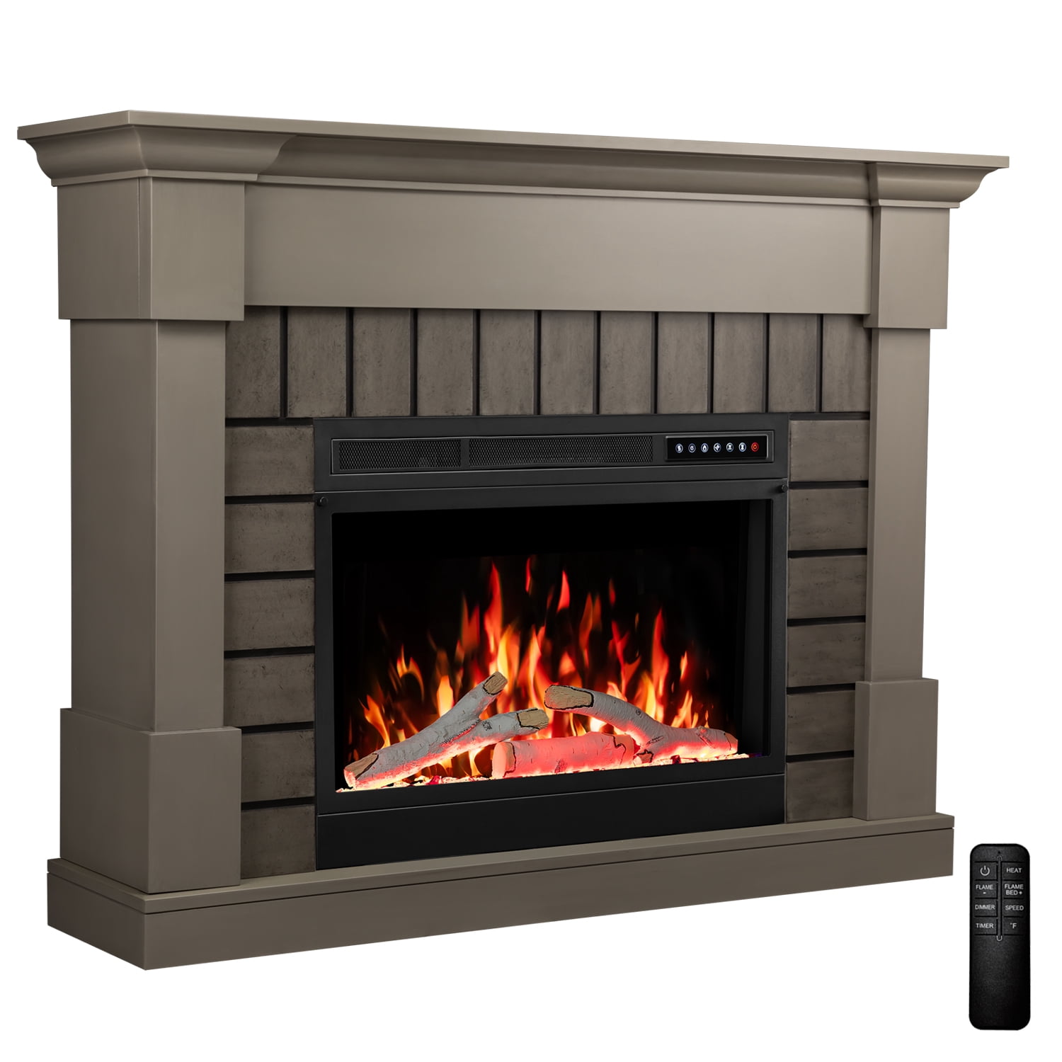 WAA Electric Fireplace Mantel Package Wooden Surround Firebox TV Stand Free Standing Electric Fireplace Heater,Remote Control,4 Flame Colors,12 Flame Bed Colors,5 Flame Brightness,5 Speeds,GREY