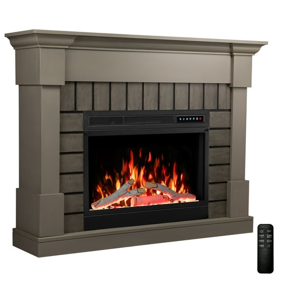 WAA Electric Fireplace Mantel Package Wooden Surround Firebox TV Stand Free Standing Electric Fireplace Heater,Remote Control,4 Flame Colors,12 Flame Bed Colors,5 Flame Brightness,5 Speeds,GREY