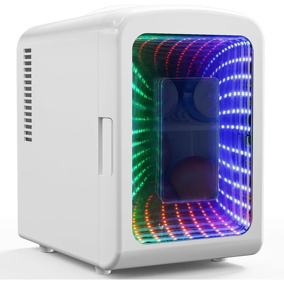 WAA Mini Compact Fridge with Gaming Light 4L/6-Can Capacity Portable Cooler for Bedroom,Car,Office & Dorm Fits Cosmetics,Drinks & Snacks,White