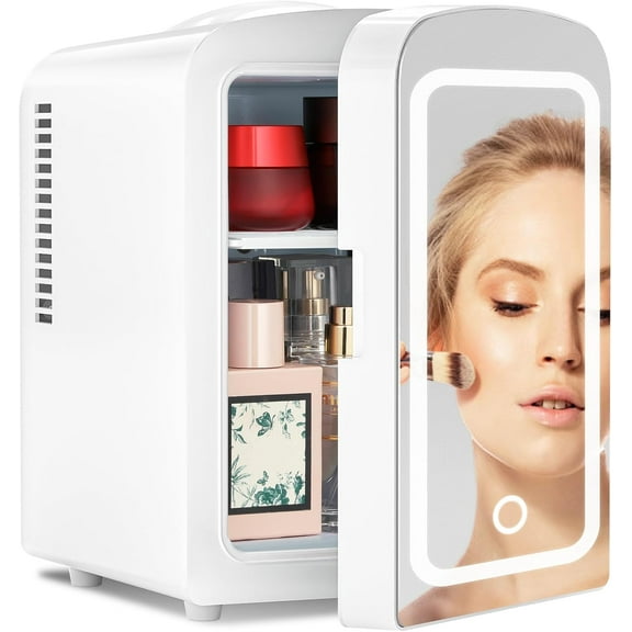 WAA White Makeup Mini Fridge (4L) with LED Mirror Compact Portable Cooler for Skincare/Cosmetics Perfect for Bedroom,Car,Office & Dorm