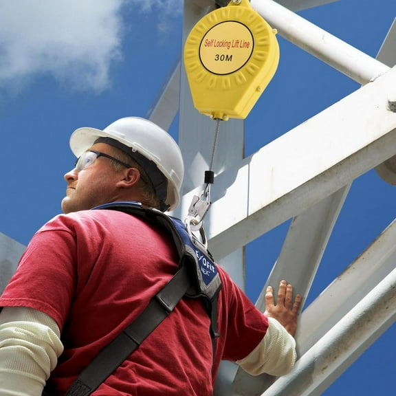 WAASOSCON 30-Meter (98FT) Fall Arrester with Auto-Locking Mechanism, Alloy Steel Hook, and Retractable Lifeline, 330Lbs Capacity Fall Protection Device for Roofing and High-Altitude Work