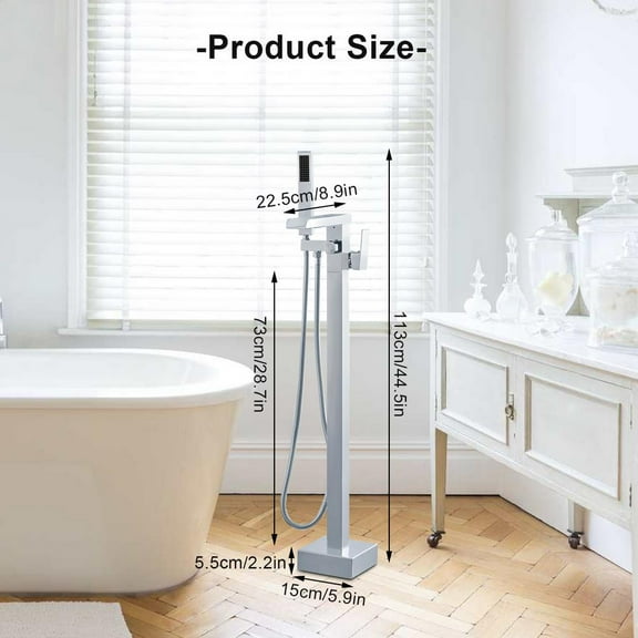WAASOSCON 44.5in Total Height, 225mm/8.9in Faucet Length Freestanding Tub Faucet, Floor Mounted Bathtub Faucet with Adjustable Hand Shower in Brushed Gold for Home Bathrooms, Silver