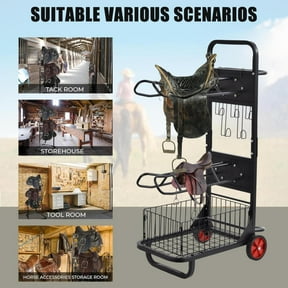 WAASOSCON Heavy-Duty Metal Saddle Rack 66lbs Capacity, 29.5x48.6in Rolling Cart with 2 Racks & 5 Hooks for Stable & Horse Farm Storage