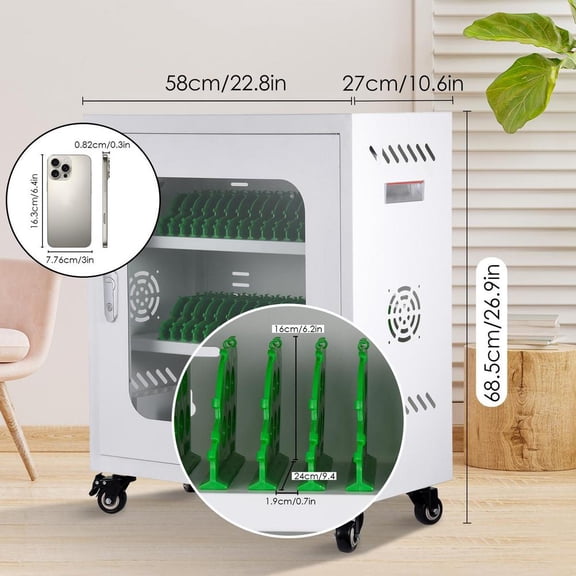 WAASOSCON Portable Cell Phone Locker with Wheels, 26.97x18.11x10.63 Inch USB Charging Cabinet, Cold-Rolled Steel Security Storage Cart