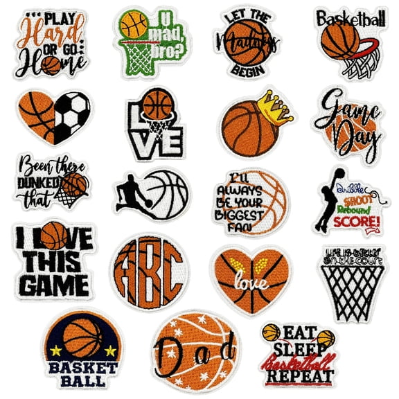 WAAYEE 19 Pcs Basketball Iron On Patches, Embroidered Sport Applique, Iron or Sew On Basketball Design Patches for Clothing, Hats, Backpacks, Jackets, Shirts & DIY Craft Projects