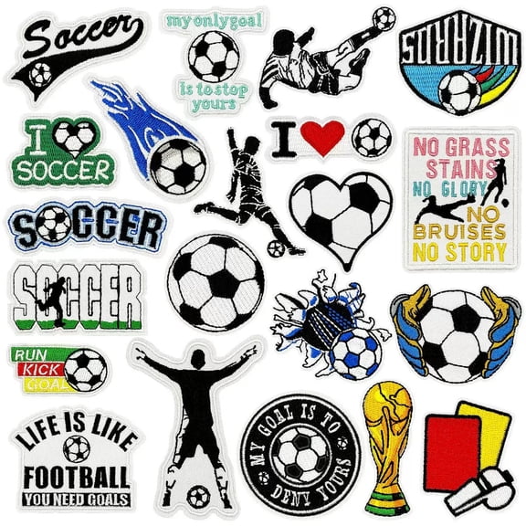 WAAYEE 21 Pcs Iron On Soccer Patches, Sport Embroidered Applique Iron/Sew on Soccer Ball Patches for Clothes, Cap, Backpack, Bag, Jacket, Shirt, DIY Crafts Sew Making