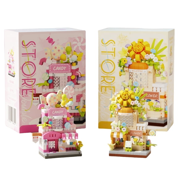 WAAYEE 2PCS Cute Double-Layer Store Micro Building Blocks Set - Street View Cute Mini DIY Desktop Ornament, Perfect Gift for Festival, Valentine’s Day & Brick Lovers
