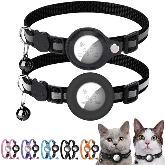 WAAYEEPAL 2 Pack Cat Collars - Adjustable Reflective Collar with Airtag Holder & Bell, Black