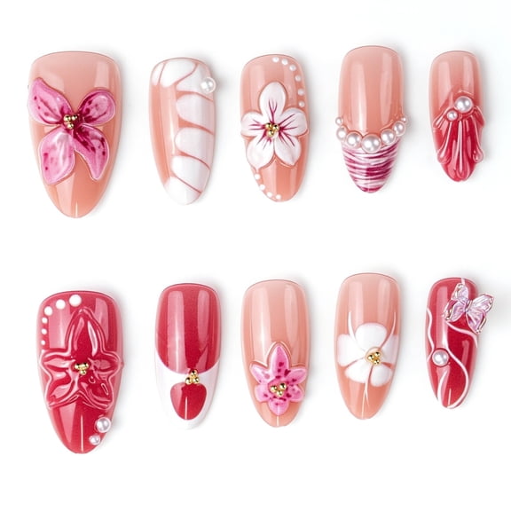 WAAYEE 3D Embossed Press on Nails - 30Pcs/Set Fits Various Shapes & Sizes | Gilded Nail Set with Pink Floral Butterfly Pearl