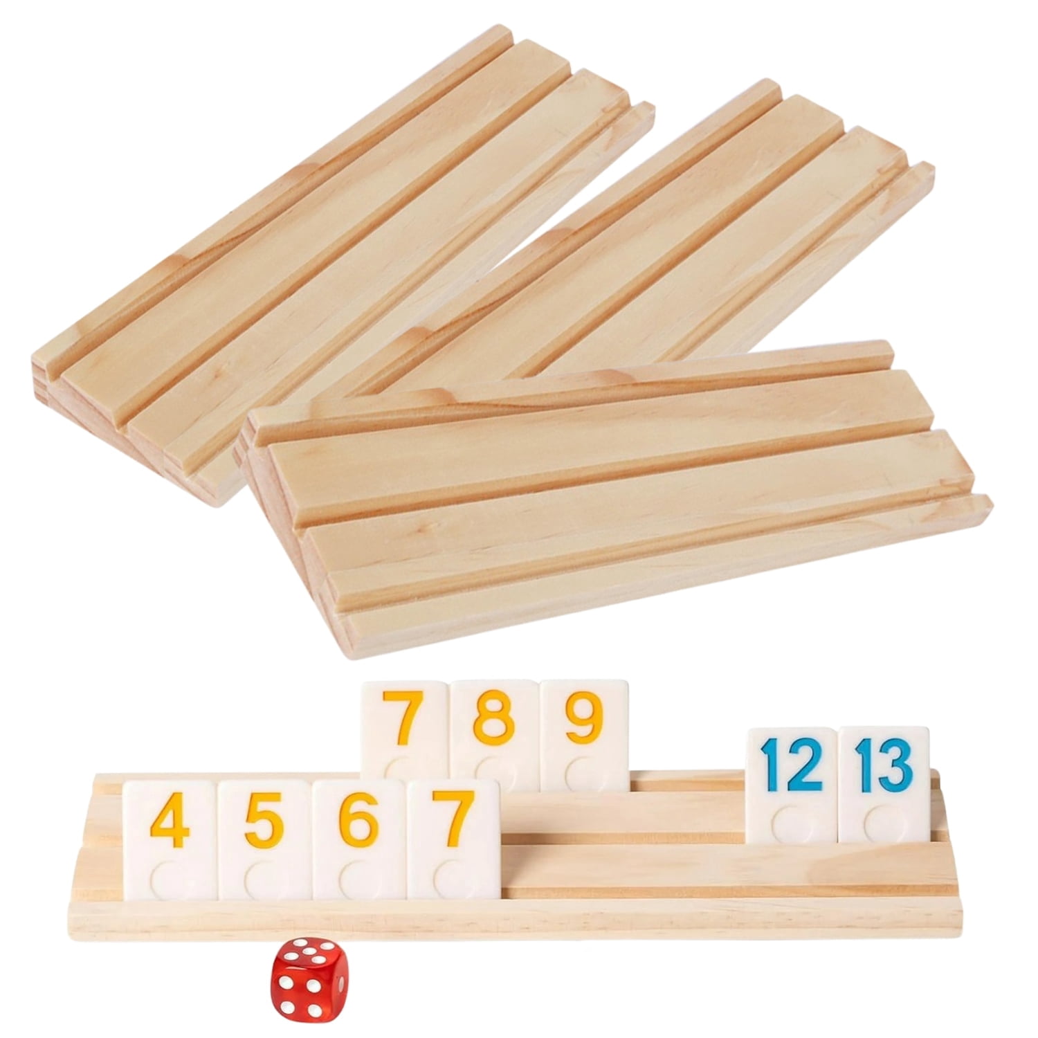 WAAYEE 4 Pack Wooden Rummy Game Racks Trays, Replacement Holders Compatible with Rummikub & Rummy Cube Games (Racks Only)