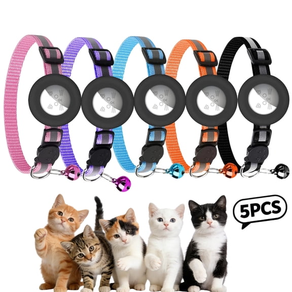 WAAYEE 5 Pack Reflective Breakaway Cat Collars with Bell, AirTag Compatible Holder, Adjustable Multi-Color Kitten Collar(Airtag not included)