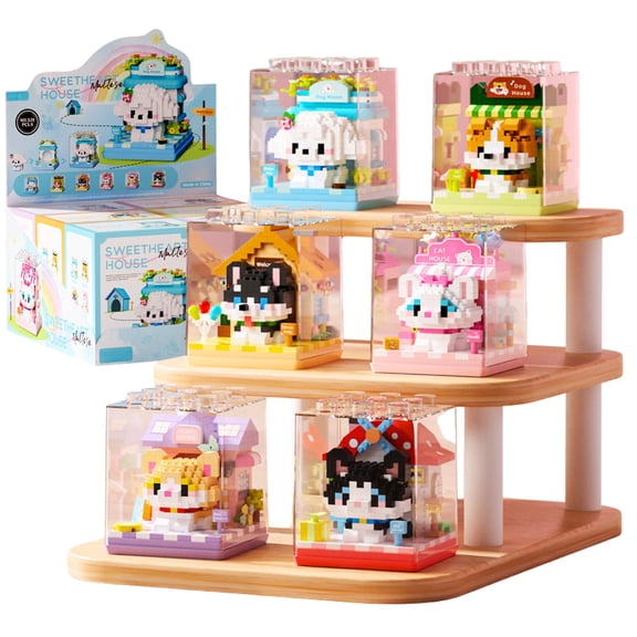 WAAYEE 6Pcs Cute Pet House Micro Building Blocks - 6 Characters with Clear Cases for Decor & Gifting