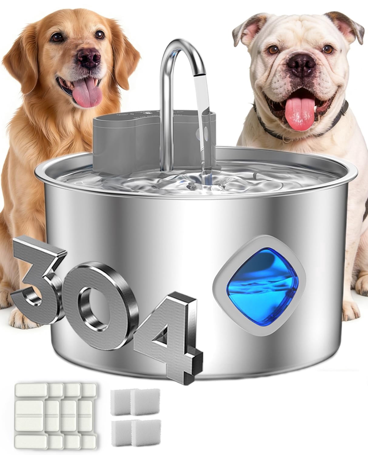 WAAYEE Dog Water Bowl, 3.2L Cordless Dog Water Fountain Bowl, 3 Smart Dispensing Modes,Quad Filtration and Continuous Water Flow,Stainless Steel Easy-to-Clean,Quiet Pump (Rechargeable+4Set Filter)