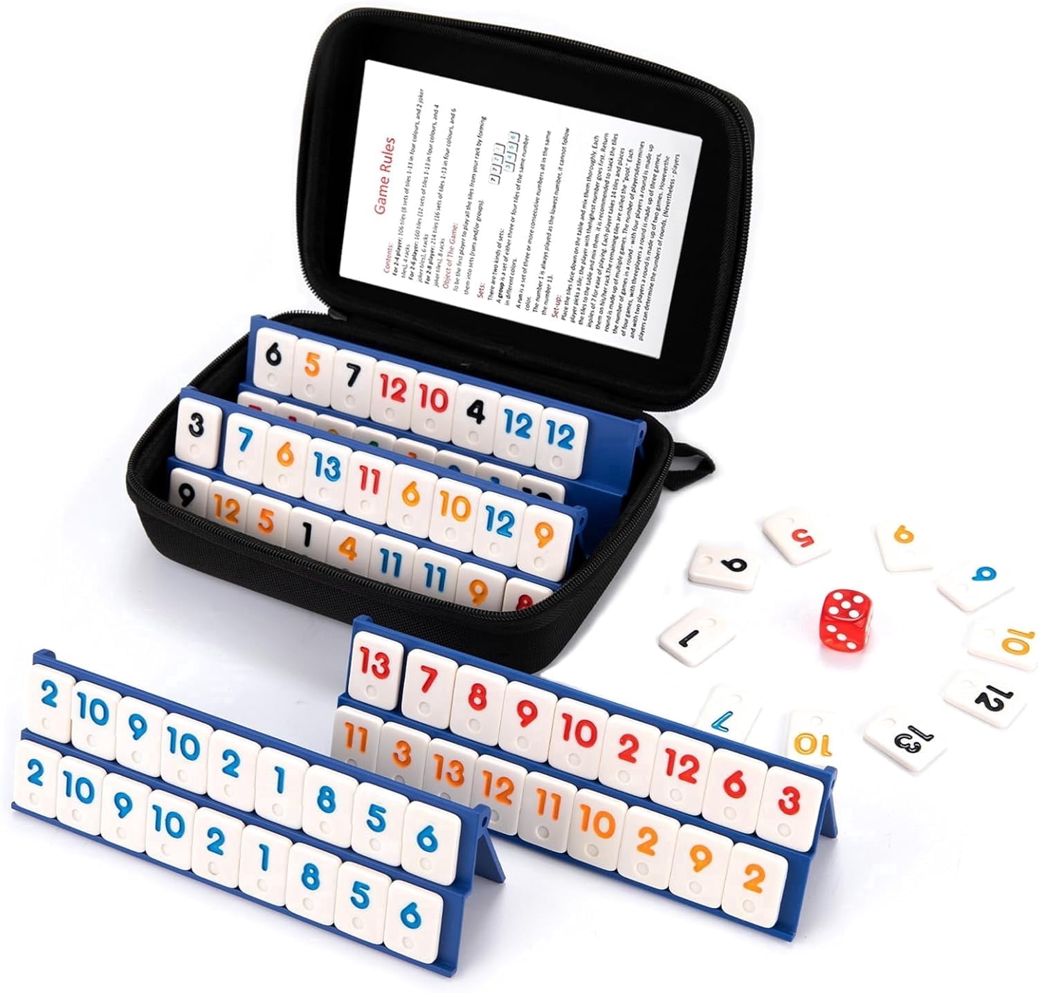 WAAYEE Mini Travel Rummy Cube Game - 4 Players with Portable Case, 106 Rummy Tiles & 4 Holders, Small Classic Family Strategy Board Game for Adults Family