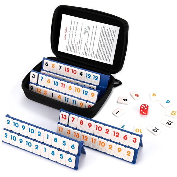 WAAYEE Mini Travel Rummy Cube Game - 4 Players with Portable Case, 106 Rummy Tiles & 4 Holders, Small Classic Family Strategy Board Game for Adults Family