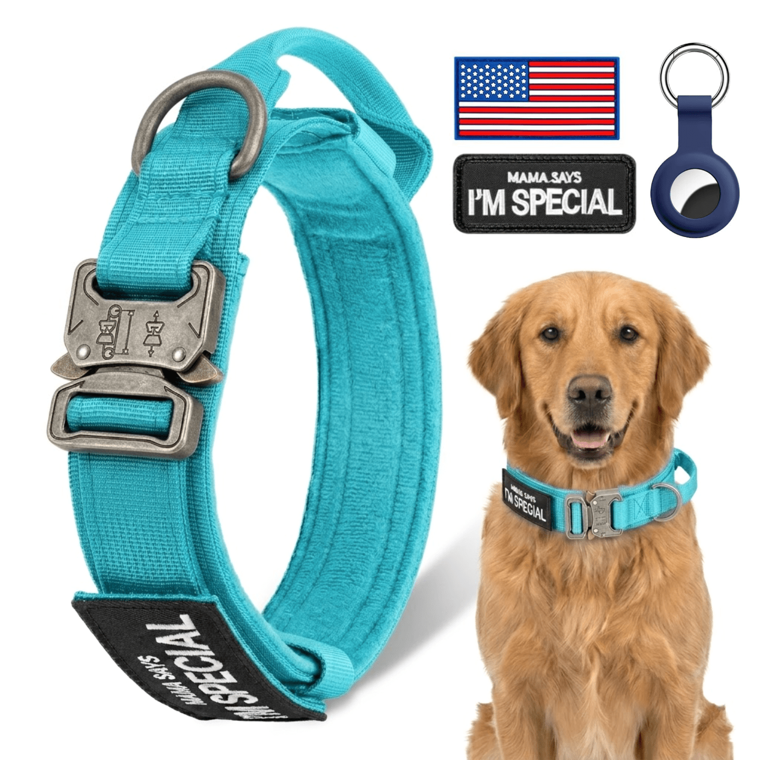WAAYEEPAL Heavy Duty Nylon Dog Collar, Adjustable Training Collar with Control Handle, Sturdy Metal Buckle and AirTag Holder for Medium and Large Dogs (M, Blue)
