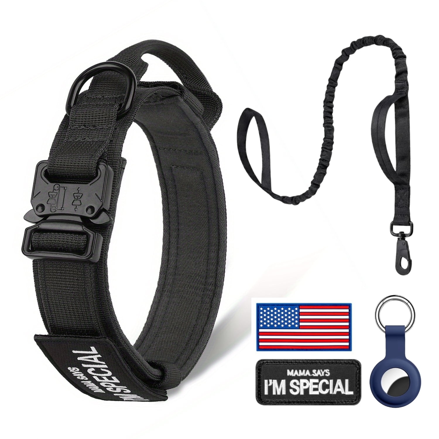 WAAYEE Tactical Dog Collar & Leash Set, Adjustable Nylon Collar with Handle, Metal Buckle, Patches & Airtag Case for Medium Large Dogs (L, Black)