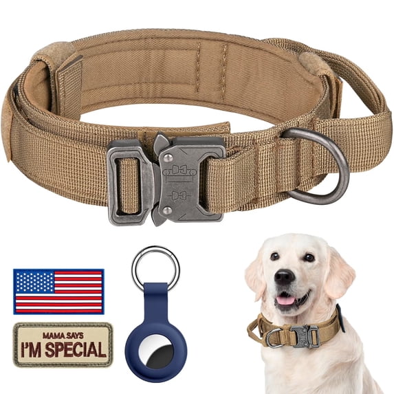 WAAYEE Tactical Dog Collar, Adjustable Military Training Nylon Dog Collar with Control Handle and Heavy Metal Buckle for Medium and Large Dogs, with Patches and Airtags Case (L, Khaki)