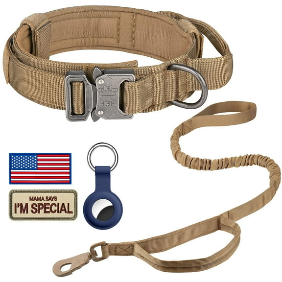 WAAYEE Tactical Dog Collar, Adjustable Military Training Nylon Dog Collar with Control Handle and Heavy Metal Buckle for Medium and Large Dogs, with Patches and Airtags Case (L, Khaki)
