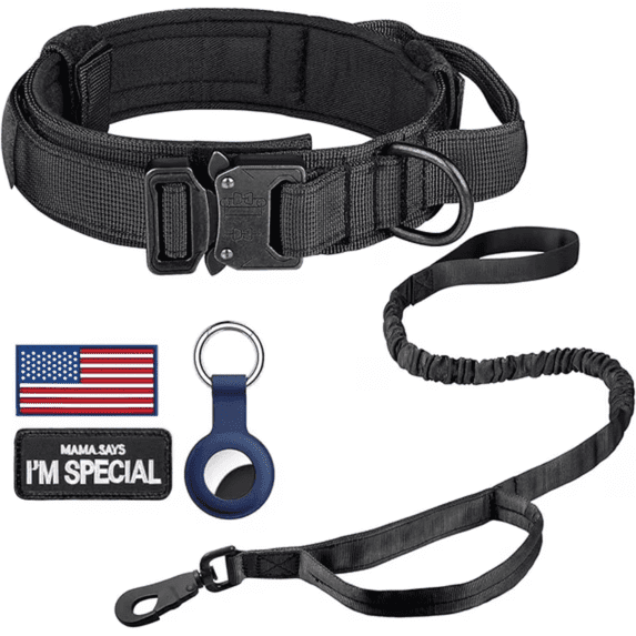 WAAYEE Tactical Dog Collar & Leash Set, Adjustable Nylon Collar with Handle, Metal Buckle, Patches & Airtag Case for Medium Large Dogs (M, Black)