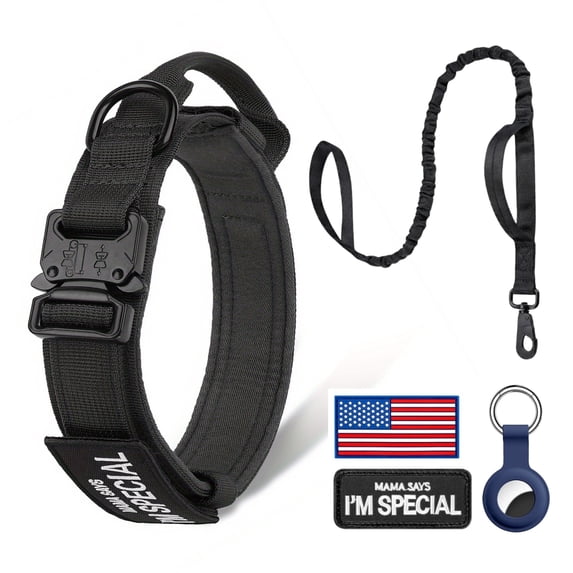 WAAYEE Tactical Dog Collar & Leash Set, Adjustable Nylon Collar with Handle, Metal Buckle, Patches & Airtag Case for Medium Large Dogs (M, Black)
