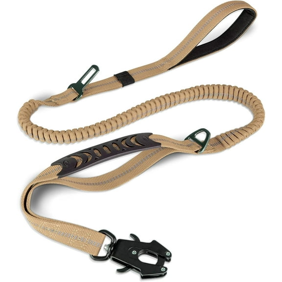 WAAYEE Tactical Dog Leash Heavy Duty, 4-6FT Shock Absorbing Bungee Lead with 2 Padded Handle, Metal Carabiner Clip, Car Seatbelt, Strong No Pull Leash for Medium Large X-Large Dogs, Coyote Brown