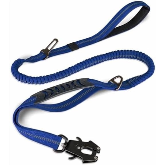 WAAYEE Tactical Dog Leash Heavy Duty, 4-6FT Shock Absorbing Bungee Lead with 2 Padded Handle, Metal Carabiner Clip, Car Seatbelt, Strong No Pull Leash for Medium Large X-Large Dogs, Navy Blue
