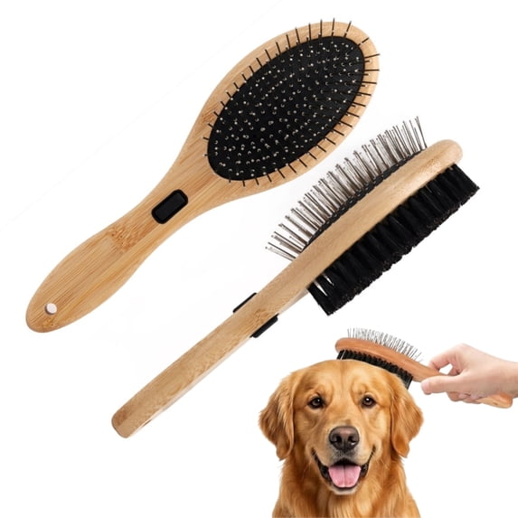 WAAYEEPAL 2-in-1 Double-Sided Wooden Pet Grooming Brush, Steel Pin & Boar Bristle Comb for Dogs and Cats, Deshedding & Massaging Tool for All Hair Types