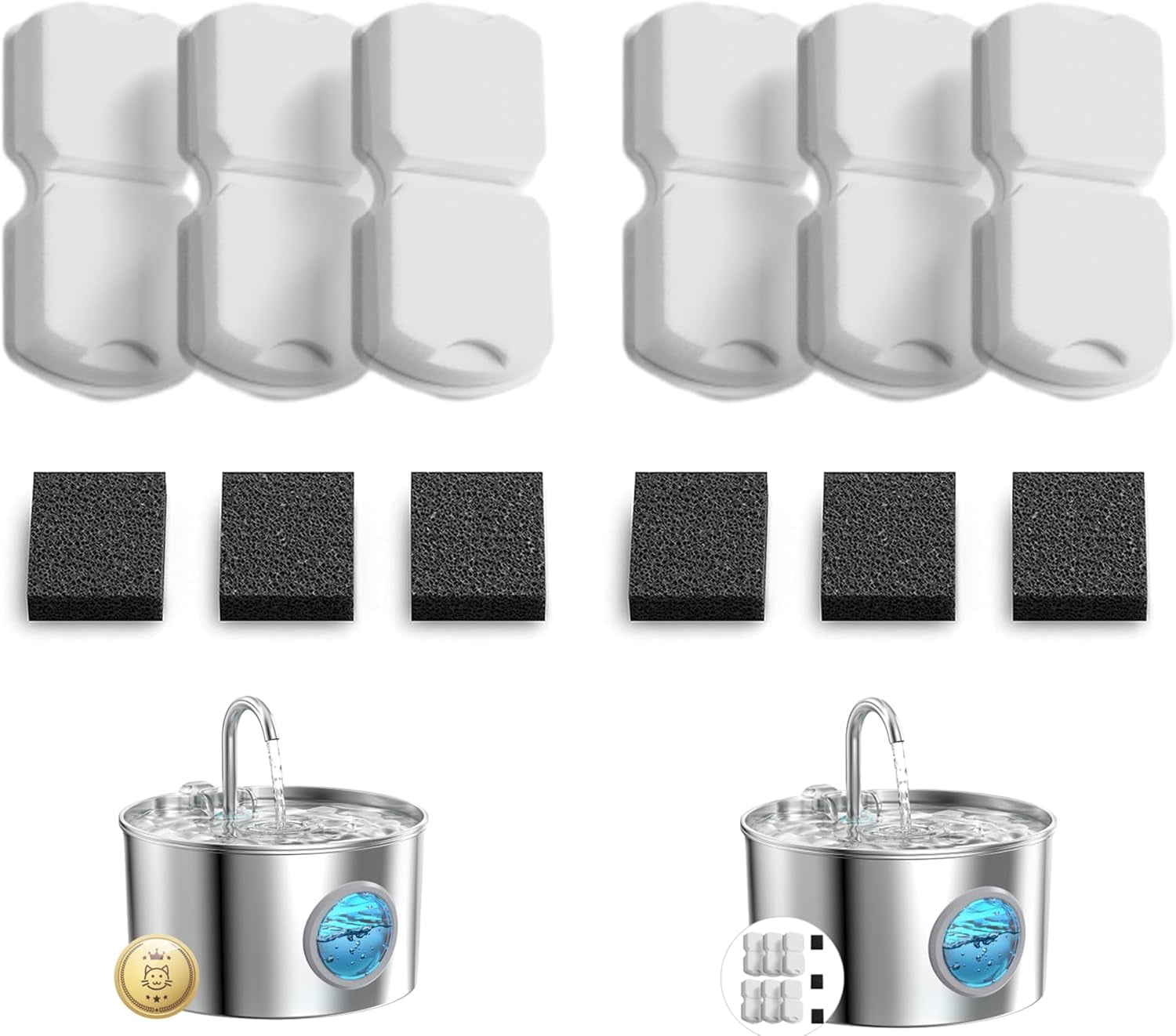 WAAYEEPAL Cat Water Fountain Filter Replacement: 6 Carbon Filters & 6 Foam Filters - Suitable for GIOTOHUN Stainless Steel Cat Fountain S11