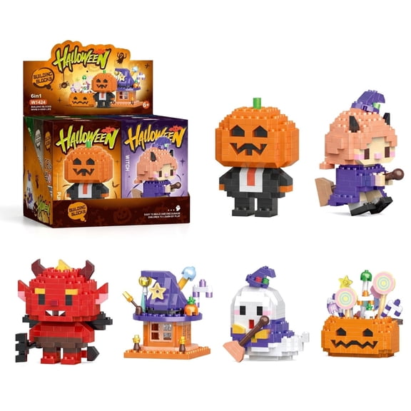WAAYEEPAL Halloween 6 Pack Mini Building Blocks Set, Pumpkin Witch Ghost Devil Character Bricks Kit, Halloween Decoration Toy Gift
