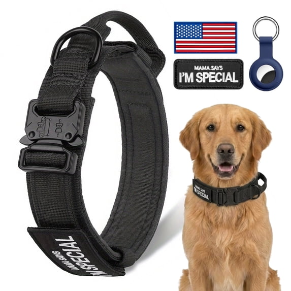 WAAYEEPAL Heavy Duty Nylon Dog Collar Black M with Control Handle Metal Buckle AirTag Holder for Training
