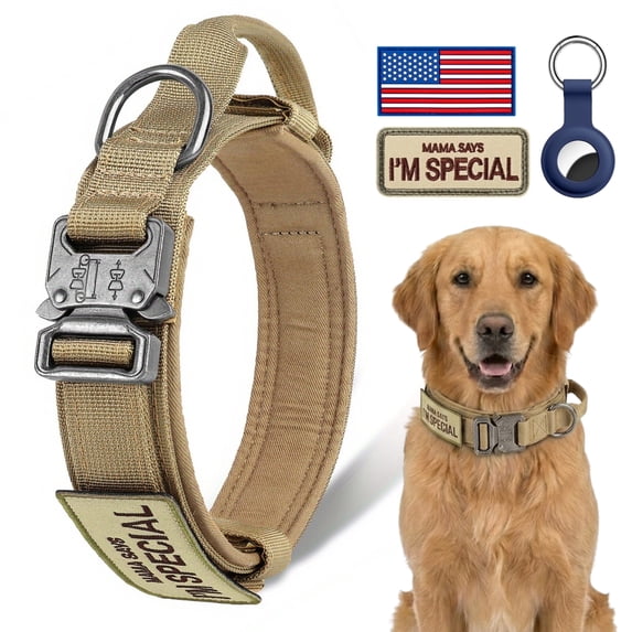 WAAYEEPAL Heavy Duty Nylon Dog Collar, Adjustable Training Collar with Control Handle, Sturdy Metal Buckle and AirTag Holder for Medium and Large Dogs (XL, Khaki)