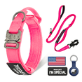 thumbnail image 1 of WAAYEEPAL Heavy Duty Nylon Dog Collar Leash Set, Adjustable Training Collar with Control Handle, AirTag Holder & Sturdy Metal Buckle for Medium Large Dogs (XL, Pink), 1 of 8