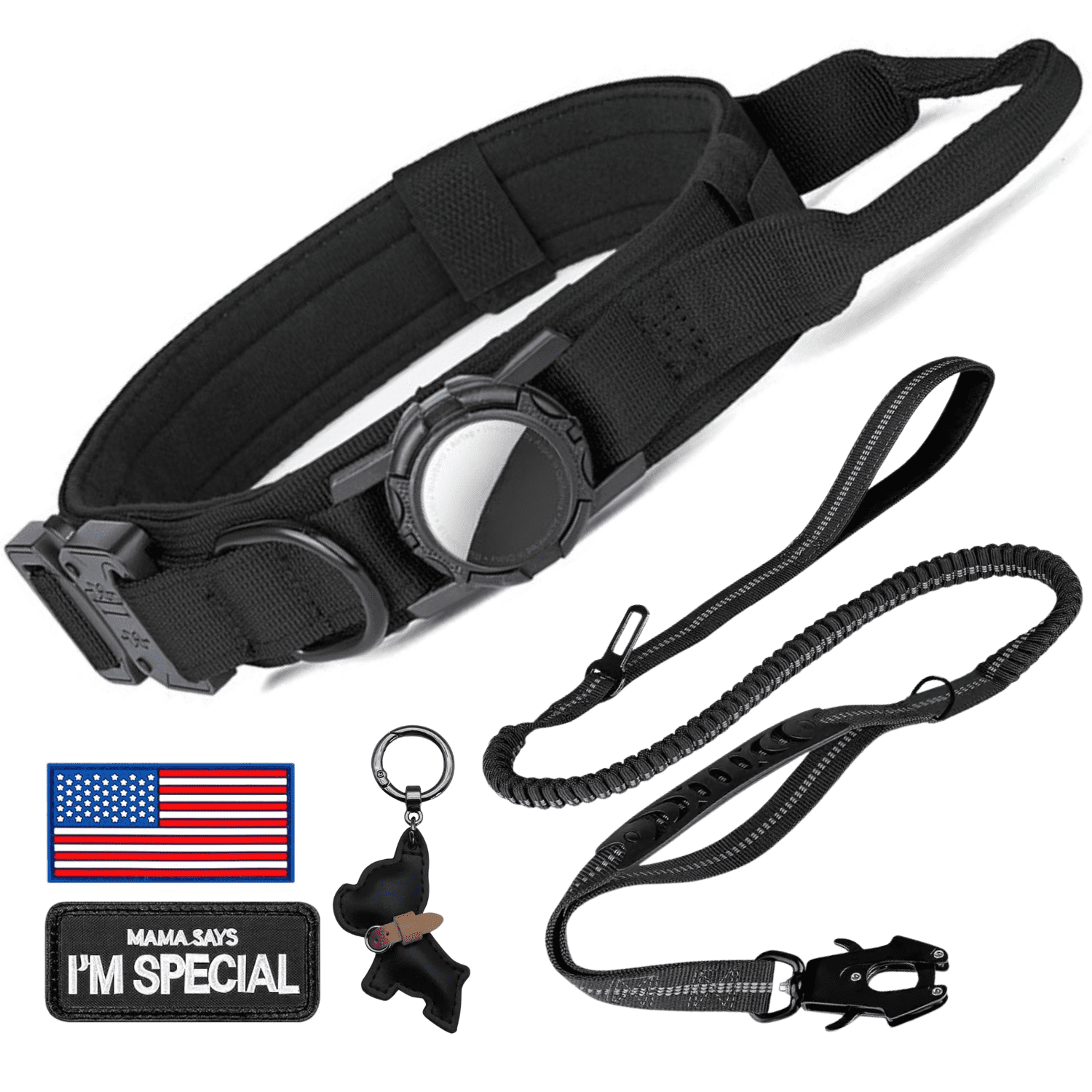 WAAYEEPAL Heavy Duty Tactical AirTag Dog Collar & Leash Set, Adjustable AirTag Holder Collar for Medium Large Dogs, AirTag Not Included