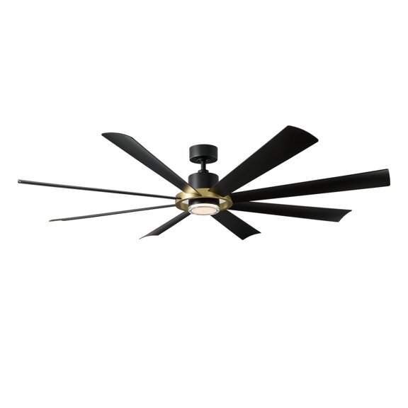 WAC Lighting Aura Indoor Outdoor 8-Blade Smart Ceiling Fan 72in with 3000K LED and Remote Control - 72 Matte Black/Soft Brass Ring