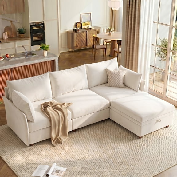 WACASA 102" Velvet Modular Sectional Sofa with Storage Ottoman, Tool-Free Assembly L Shaped Cloud Couch for Living Room, 3-Seat, Beige
