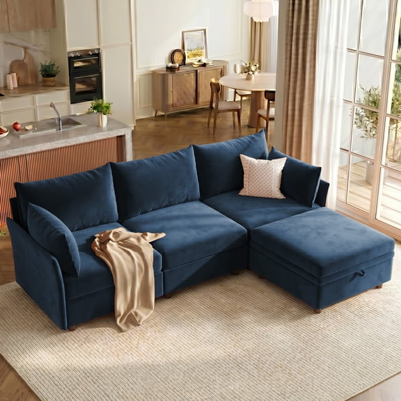 WACASA 102" Velvet Modular Sectional Sofa with Storage Ottoman, Tool-Free Assembly L Shaped Cloud Couch for Living Room, 3-Seat, Blue