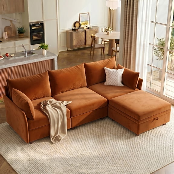 WACASA 102" Velvet Modular Sectional Sofa with Storage Ottoman, Tool-Free Assembly L Shaped Cloud Couch for Living Room, 3-Seat, Burnt Orange
