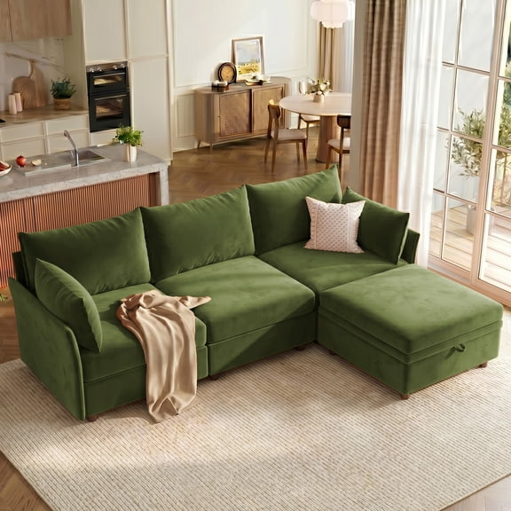 WACASA 102" Velvet Modular Sectional Sofa with Storage Ottoman, Tool-Free Assembly L Shaped Cloud Couch for Living Room, 3-Seat, Green