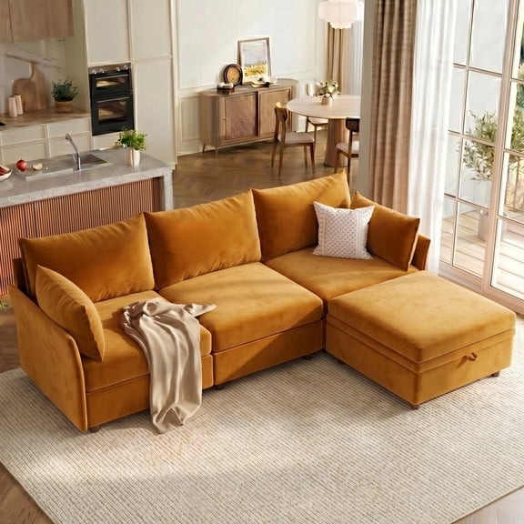 WACASA 102" Velvet Modular Sectional Sofa with Storage Ottoman, Tool-Free Assembly L Shaped Cloud Couch for Living Room, 3-Seat, Yellow