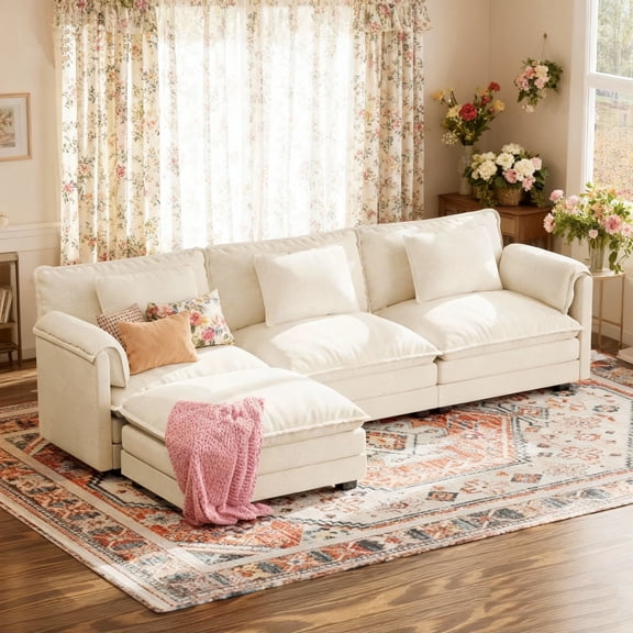 WACASA 113" Oversized Modular Sectional Sofa with Deep Seat, Large 4-Seater L Shaped Couch Set with Movable Ottoman and Throw Pillows, Comfy Chenille Cloud Couch for Living Room, Beige