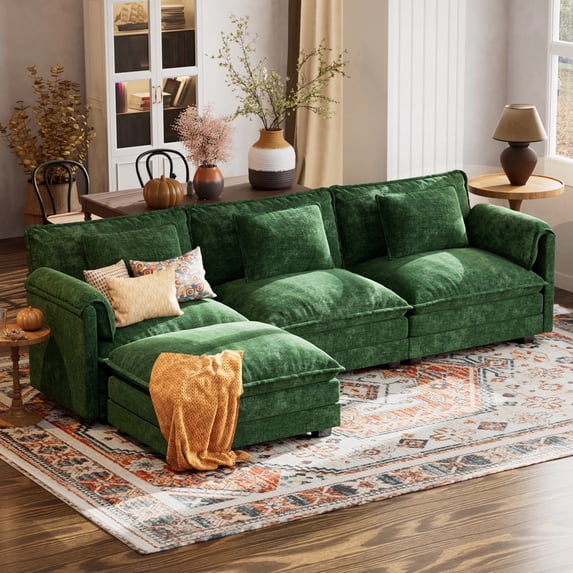 WACASA 113" Oversized Modular Sectional Sofa with Deep Seat, Large 4-Seater L Shaped Couch Set with Movable Ottoman and Throw Pillows, Comfy Chenille Cloud Couch for Living Room, Green